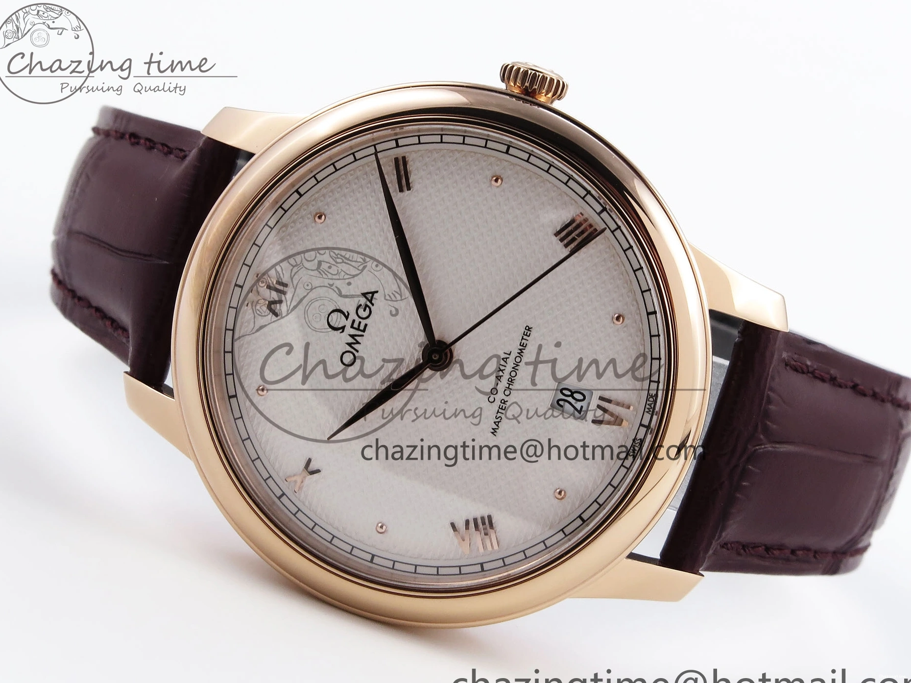 0219 Modern De Ville Date RG MKF 1:1 Best Edition White Textured Dial Roman Marker on Brown Leather Strap A 7752